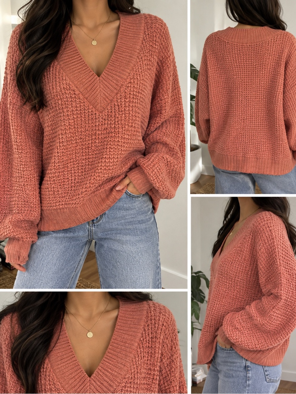 Zenana Dusty Rose Waffle Knit Oversized V-Neck Sweater Size M